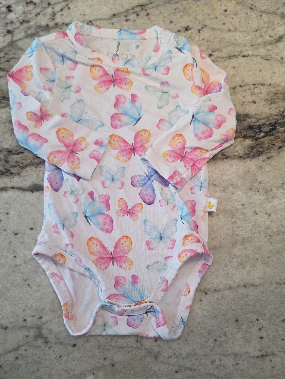 Posh Peanut White Long-Sleeve Butterfly Bodysuit with Pink Blue Yellow 0-3m